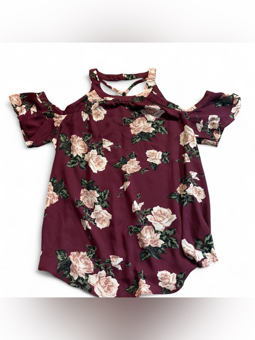 Iz Byer Burgundy Floral Cold-Shoulder Blouse